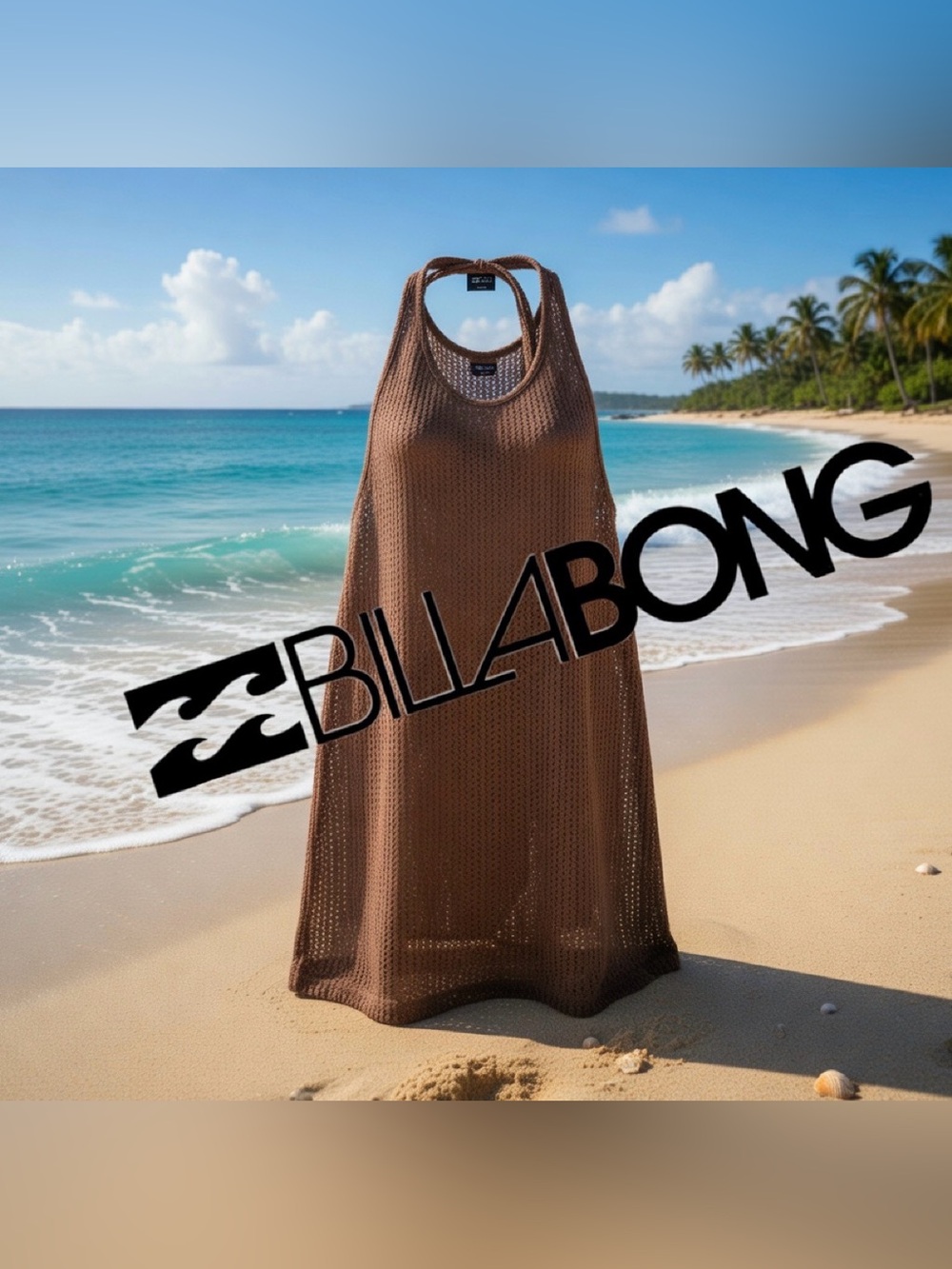 Billabong Brown Open-Knit Cowl Neck Sleeveless Cover Dress